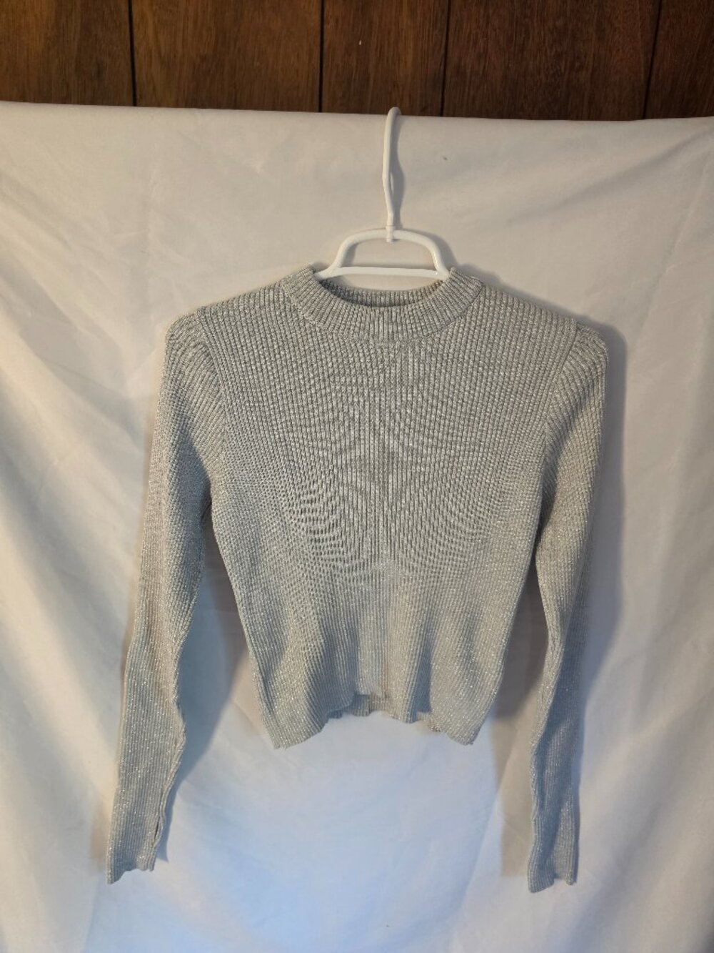 Women's White Sparkly Knit Mock Neck Long Sleeve Top